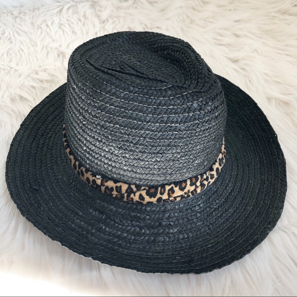 Black Straw Panama Hat Leopard Cheetah Trim
